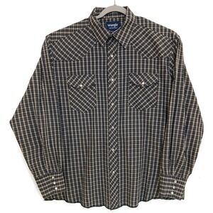Wrangler Shirt Mens XL Black Tan Plaid‎ Western Pearl Snap Long Sleeve Cowboy